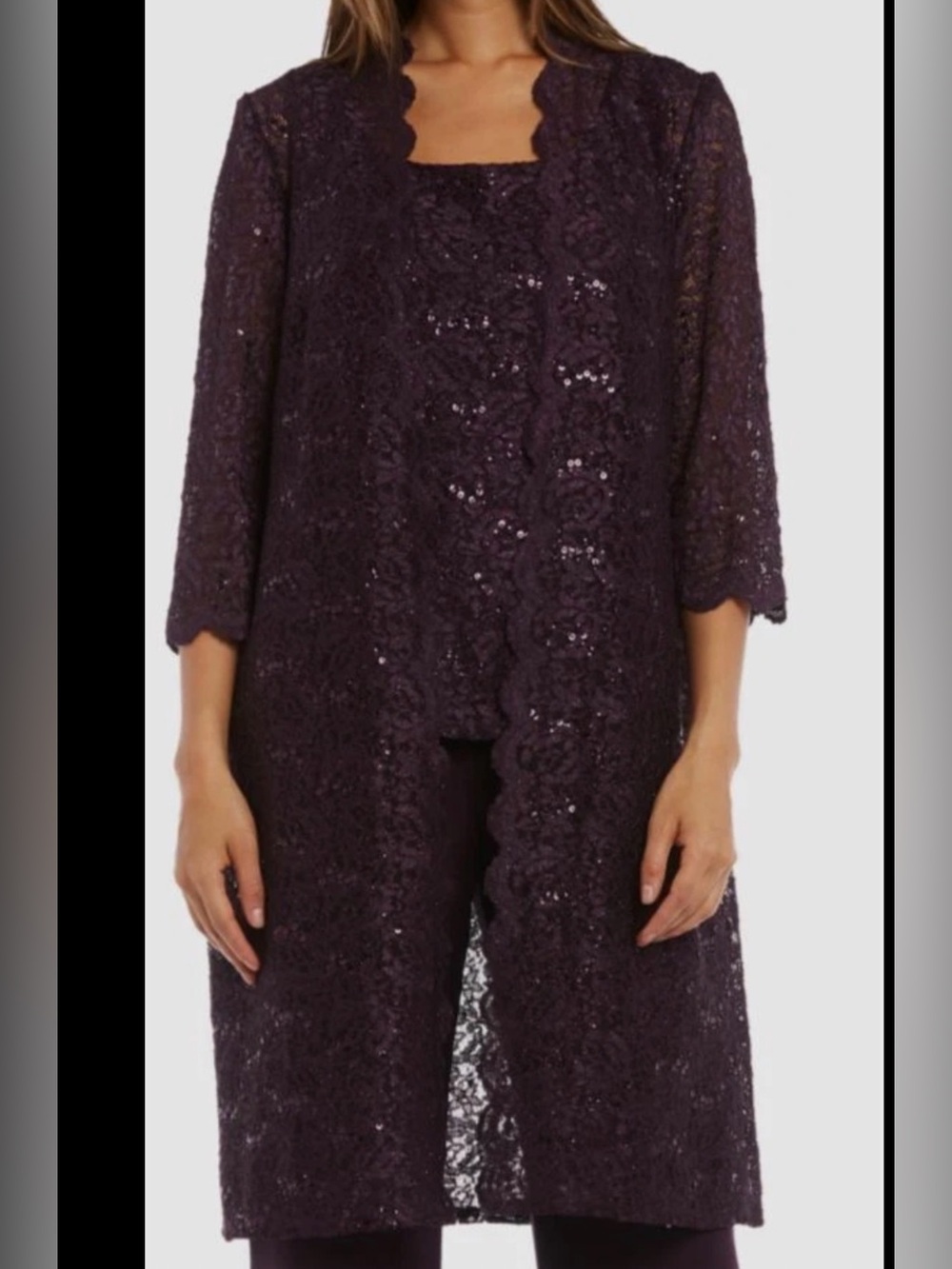 R&M Richards Purple Sequins Lace Overlay Cardigan Top